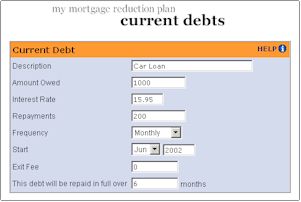 Mortgage Reduction Software Current Debts sample page