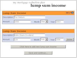 Mortgage Reduction Software Lump Sum Income sample page