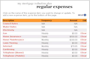 Mortgage Reduction Software Regular Expenses sample page